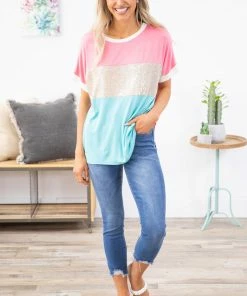ADORA Pink And Aqua Colorblock Top With Sequins