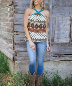Sugarfox Beige Multicolor Boho Print Halter Tank Tops