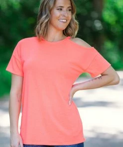 Heimish Tops Neon Coral Top With Shoulder Cutout