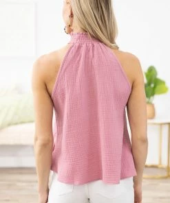 Charlotte Avery Mauve Textured Halter Neck Tank Tops