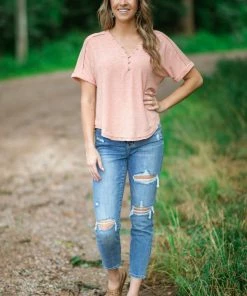 Very J Peach Cuff Sleeve Top With Button Detail Tops