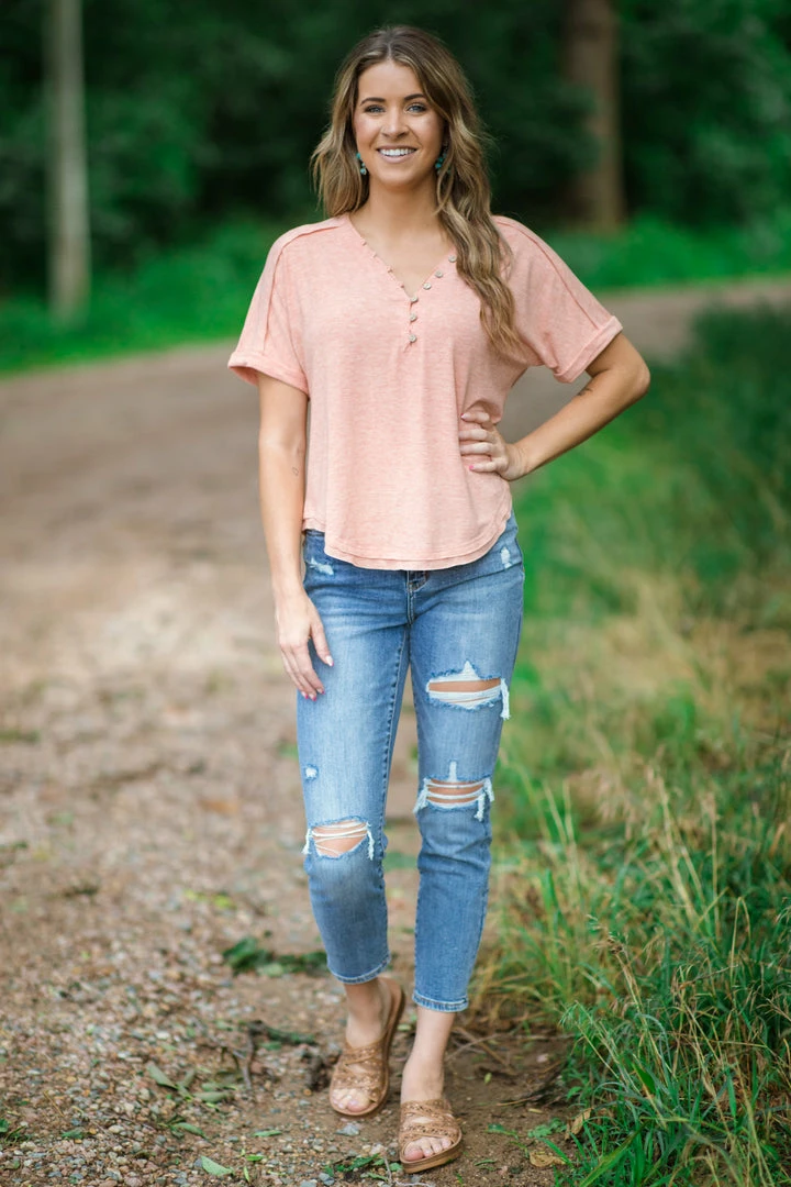 Very J Peach Cuff Sleeve Top With Button Detail Tops 4 Very J Peach Cuff Sleeve Top With Button Detail Tops