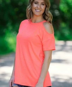 Heimish Tops Neon Coral Top With Shoulder Cutout