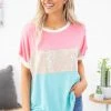 ADORA Pink And Aqua Colorblock Top With Sequins