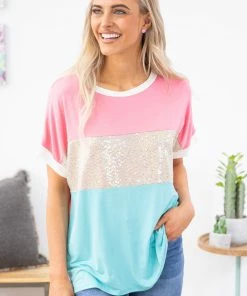 ADORA Pink And Aqua Colorblock Top With Sequins