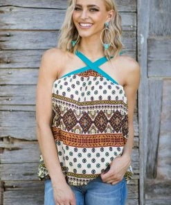 Sugarfox Beige Multicolor Boho Print Halter Tank Tops