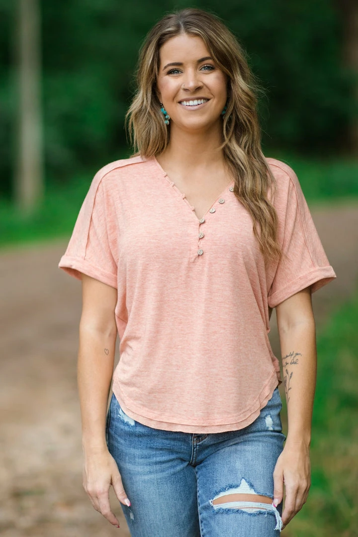 Very J Peach Cuff Sleeve Top With Button Detail Tops 3 Very J Peach Cuff Sleeve Top With Button Detail Tops