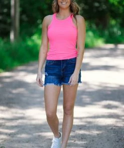 Cherish Tops Neon Pink Rib Knit Fitted Tank