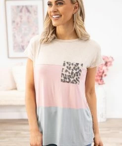Heimish Tops Baby Pink And Beige Colorblock Top With Pocket