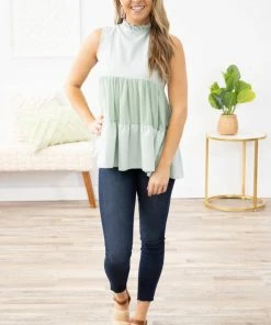 Lovely Melody Mint Gingham Colorblock Babydoll Tank Tops