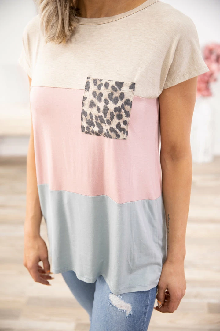 Heimish Tops Baby Pink And Beige Colorblock Top With Pocket 4 Heimish Tops Baby Pink And Beige Colorblock Top With Pocket
