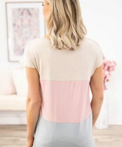 Heimish Tops Baby Pink And Beige Colorblock Top With Pocket 9 Heimish Tops Baby Pink And Beige Colorblock Top With Pocket