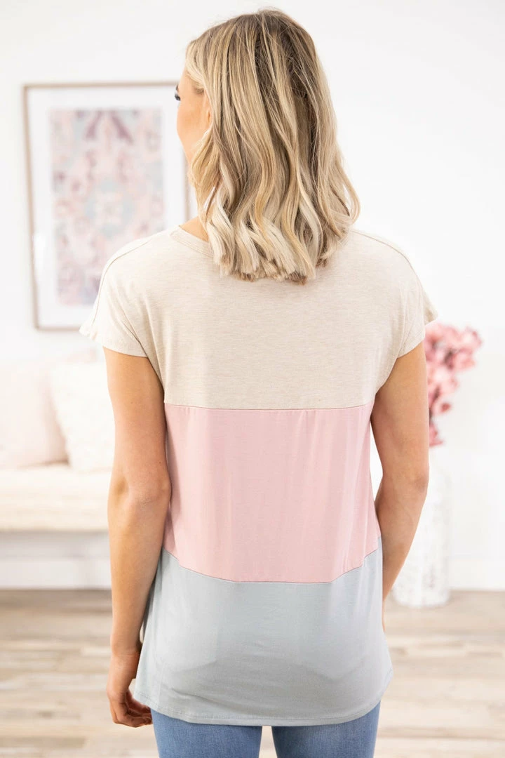 Heimish Tops Baby Pink And Beige Colorblock Top With Pocket 6 Heimish Tops Baby Pink And Beige Colorblock Top With Pocket
