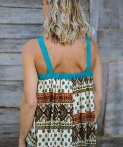 Sugarfox Beige Multicolor Boho Print Halter Tank Tops