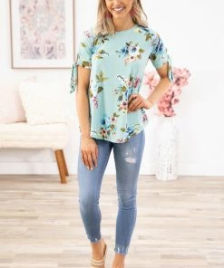 Reborn J Mint Multicolor Floral Tie Sleeve Top Tops