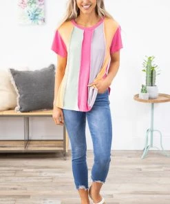 ADORA Hot Pink Multicolor Colorblock Raw Seam Top SHORT SLEEVES