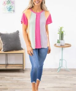 ADORA Hot Pink Multicolor Colorblock Raw Seam Top SHORT SLEEVES