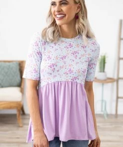 SOL RHR Pastel Blue And Lavender Floral Babydoll Top Tops