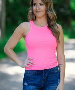 Cherish Tops Neon Pink Rib Knit Fitted Tank