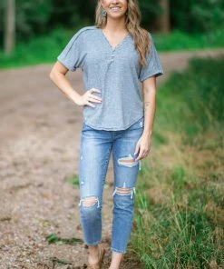 Very J Grey Cuff Sleeve Top With Button Detail Tops