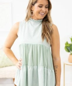 Lovely Melody Mint Gingham Colorblock Babydoll Tank Tops