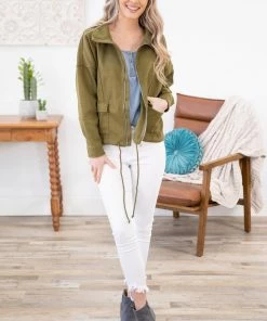 Staccato Outerwear Olive Drawstring Hem Zip Up Jacket