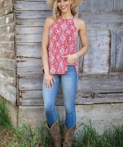 Renee C Red And Cobalt Medallion Boho Print Tank Tops
