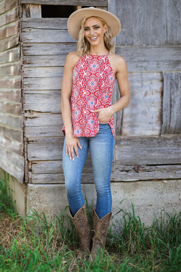 Renee C Red And Cobalt Medallion Boho Print Tank Tops 4 Renee C Red And Cobalt Medallion Boho Print Tank Tops