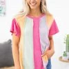 ADORA Hot Pink Multicolor Colorblock Raw Seam Top SHORT SLEEVES