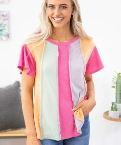 ADORA Hot Pink Multicolor Colorblock Raw Seam Top SHORT SLEEVES