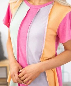 ADORA Hot Pink Multicolor Colorblock Raw Seam Top SHORT SLEEVES