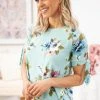 Reborn J Mint Multicolor Floral Tie Sleeve Top Tops