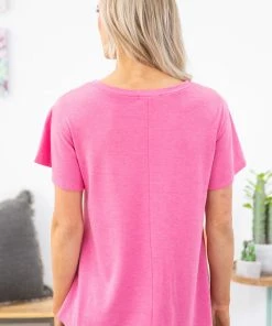 ADORA Hot Pink Multicolor Colorblock Raw Seam Top SHORT SLEEVES
