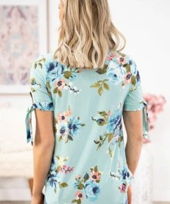 Reborn J Mint Multicolor Floral Tie Sleeve Top Tops