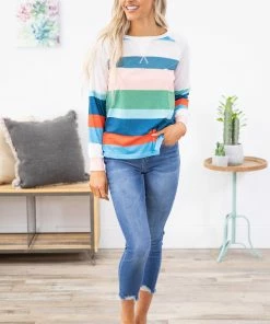 Shewin Dusty Blue Multicolor Stripe Raglan Top LONG SLEEVES