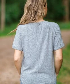 Very J Grey Cuff Sleeve Top With Button Detail Tops