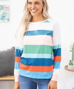 Shewin Dusty Blue Multicolor Stripe Raglan Top LONG SLEEVES