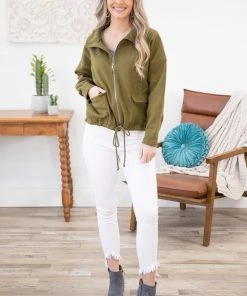 Staccato Outerwear Olive Drawstring Hem Zip Up Jacket