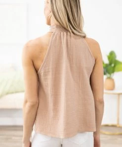 Charlotte Avery Tops Taupe Textured Halter Neck Tank