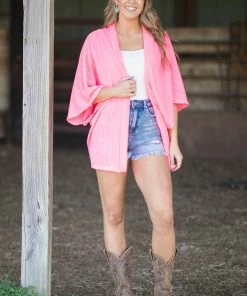 Cherish Neon Pink Textured Knit Dolman Sleeve Cardigan