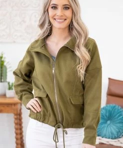 Staccato Outerwear Olive Drawstring Hem Zip Up Jacket