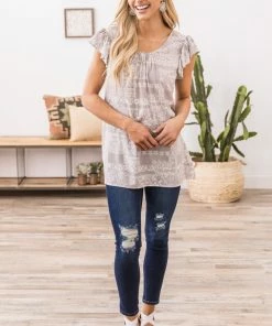 Lovely Melody Taupe Paisley Scarf Print Crochet Back Top SHORT SLEEVES