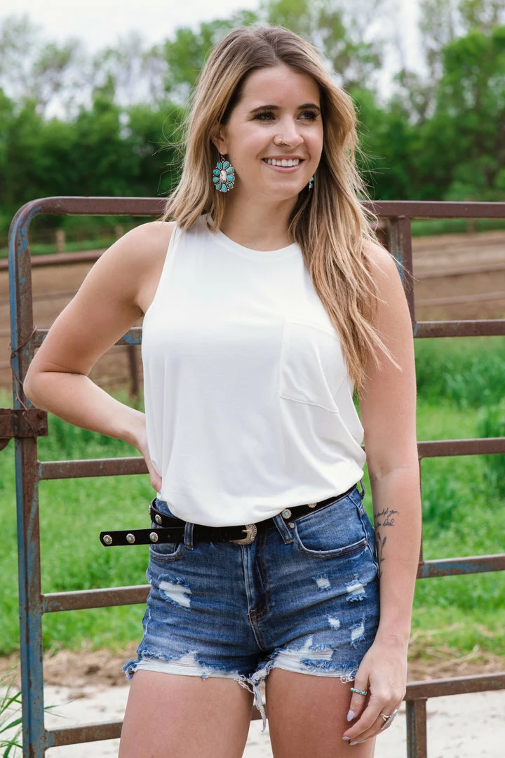 Style Melody Inc., Lovetree Tops White Tank With Pocket 3 Style Melody Inc., Lovetree Tops White Tank With Pocket