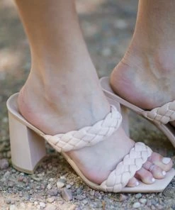 Yoki Shoes Beige Braided Strap Square Top Block Heels