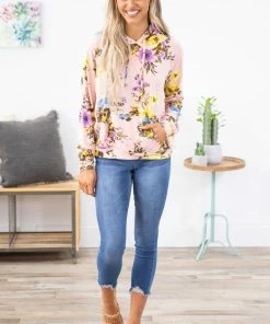 RED LOLLY LONG SLEEVES Baby Pink Floral Print Hoodie