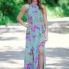 Staccato Sage And Pink Floral Halter Neck Maxi Dress