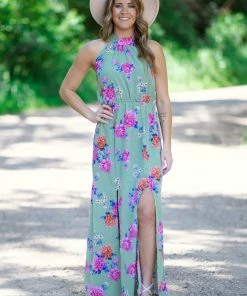 Staccato Sage And Pink Floral Halter Neck Maxi Dress