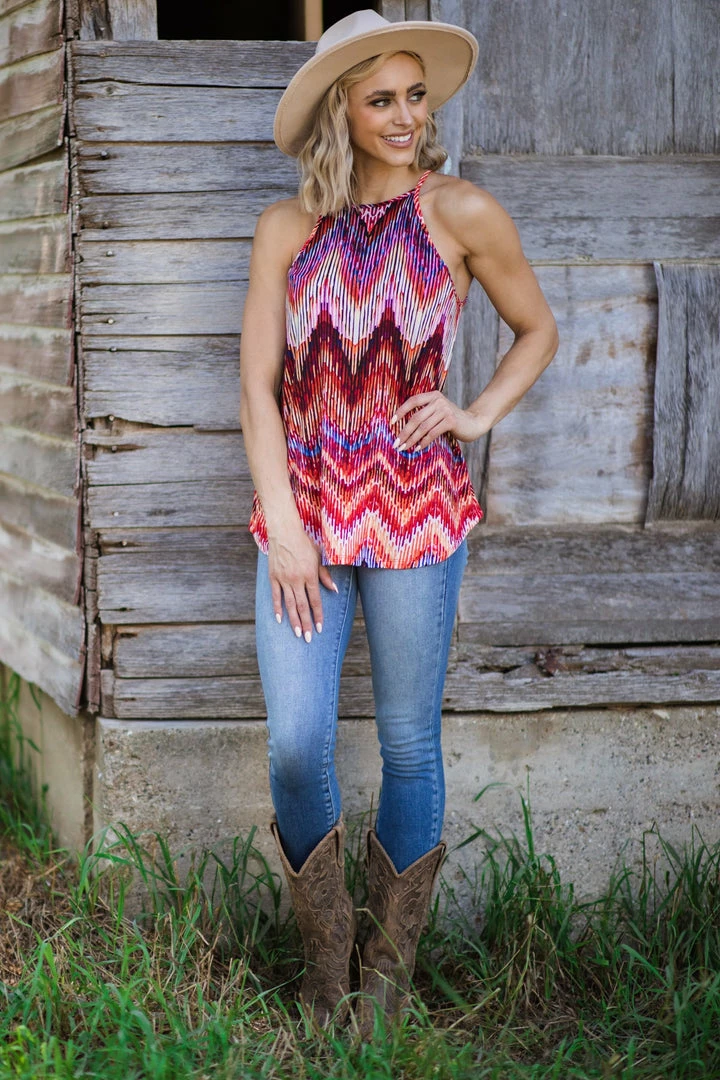 Renee C Tops Rust Multicolor Chevron Halter Neck Tank 4 Renee C Tops Rust Multicolor Chevron Halter Neck Tank