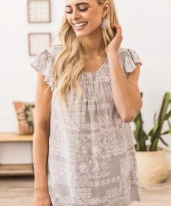 Lovely Melody Taupe Paisley Scarf Print Crochet Back Top SHORT SLEEVES