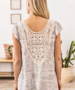 Lovely Melody Taupe Paisley Scarf Print Crochet Back Top SHORT SLEEVES